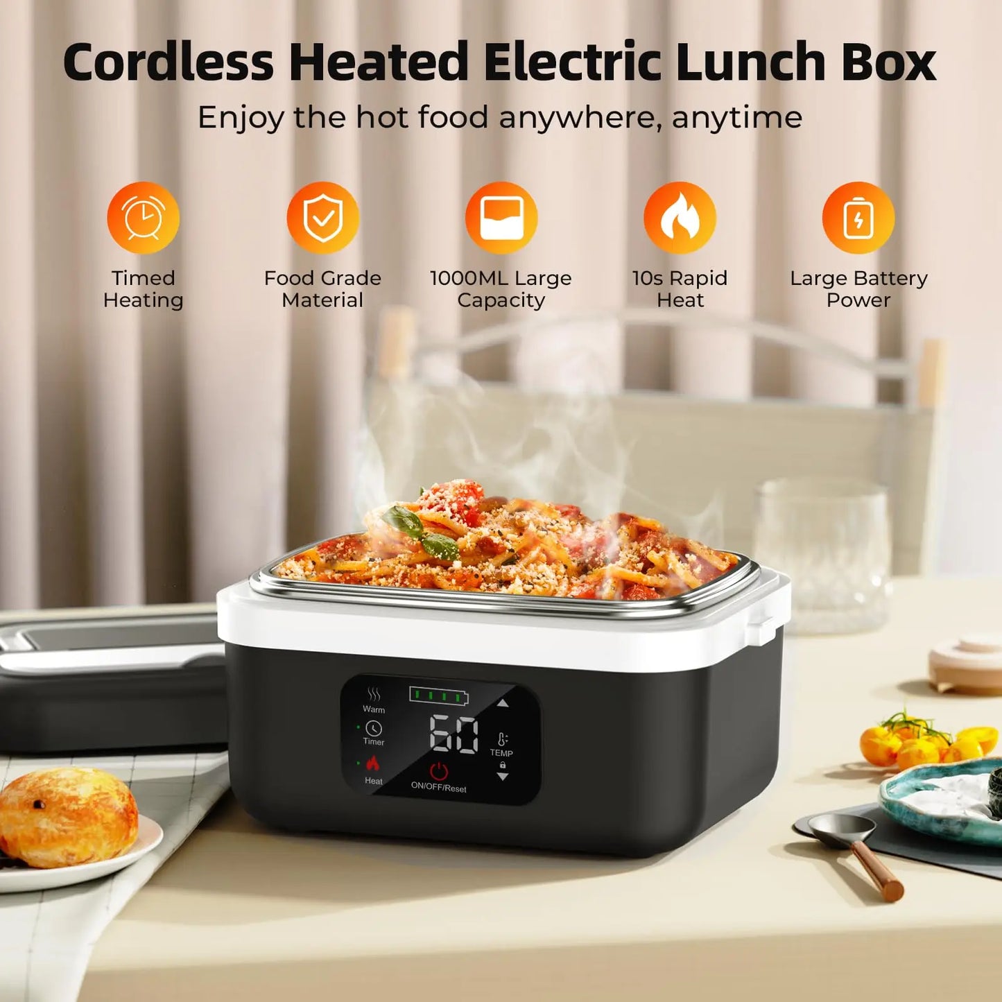 Wireless Electric Insulated Lunch Box With 8000mAh Battery 60W Heating