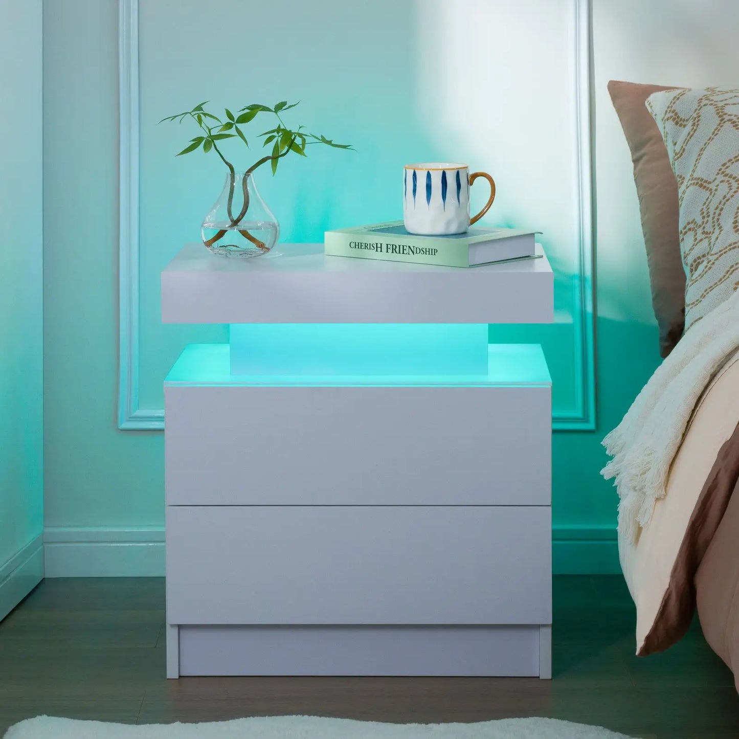 Cubehom LED Nightstand With Two Drawers Bedside Table
