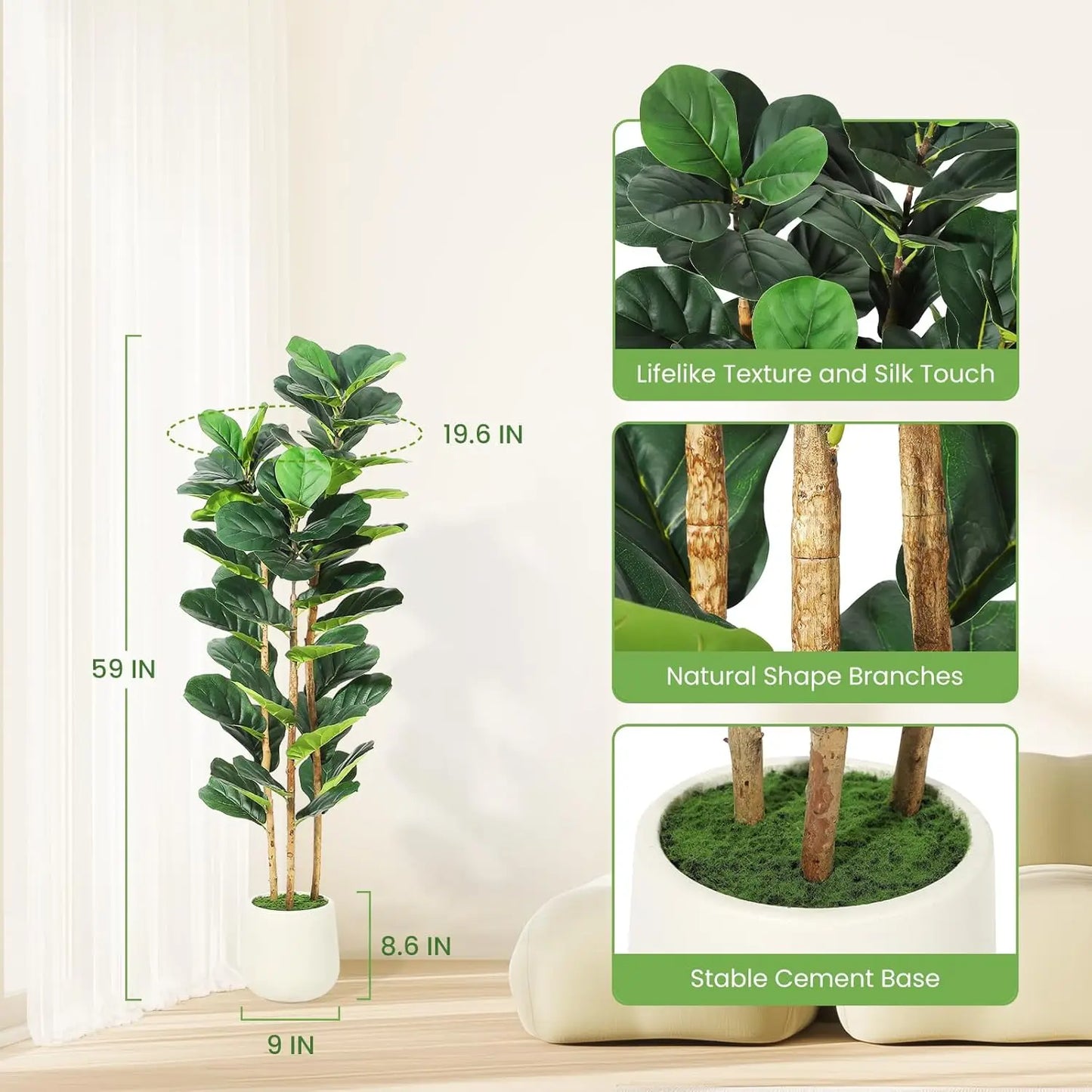 HiMISSCN Fiddle Leaf Fig Tree With Pot Artificial Indoor Plant