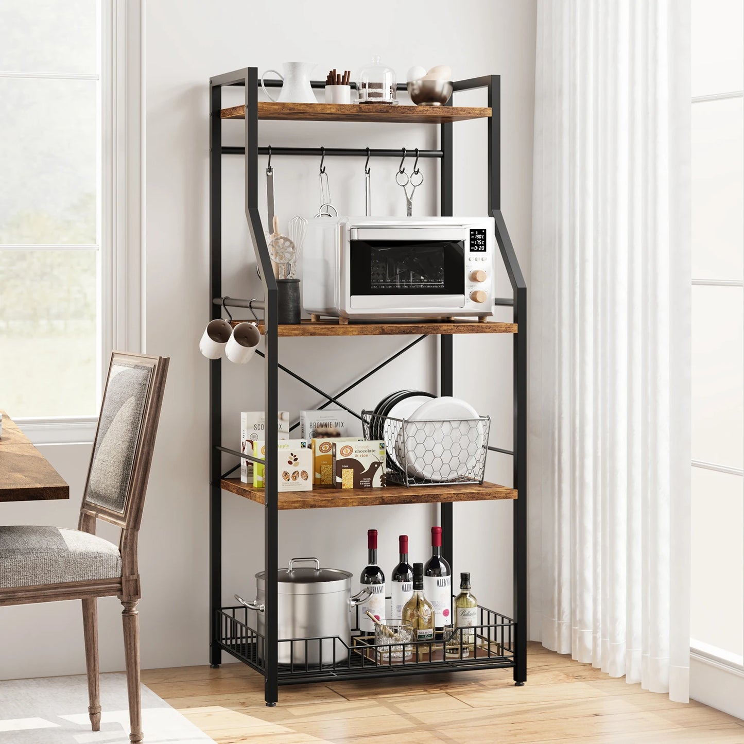 TWISTER.CK 4 Tier Kitchen Baker Rack With Wire Basket Hooks