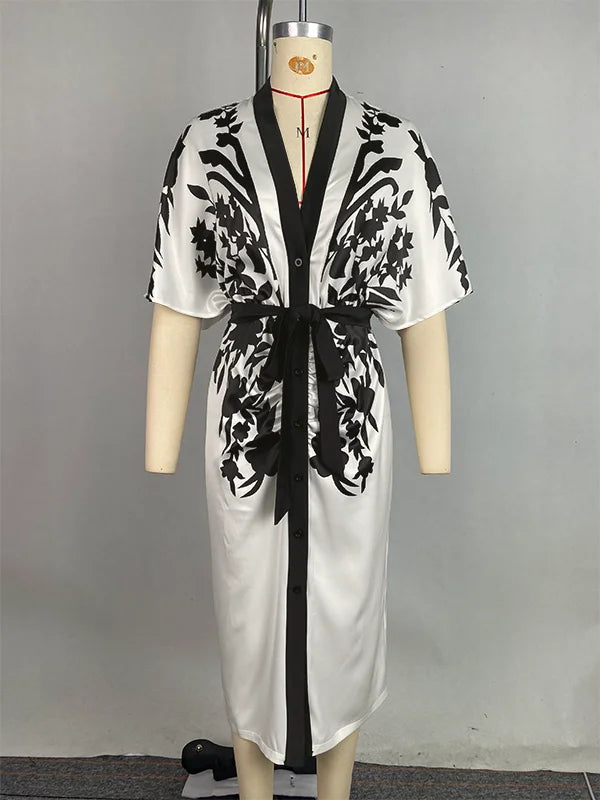 OSHOPLIVECN Flower Print A Line Dress V Neck Midi