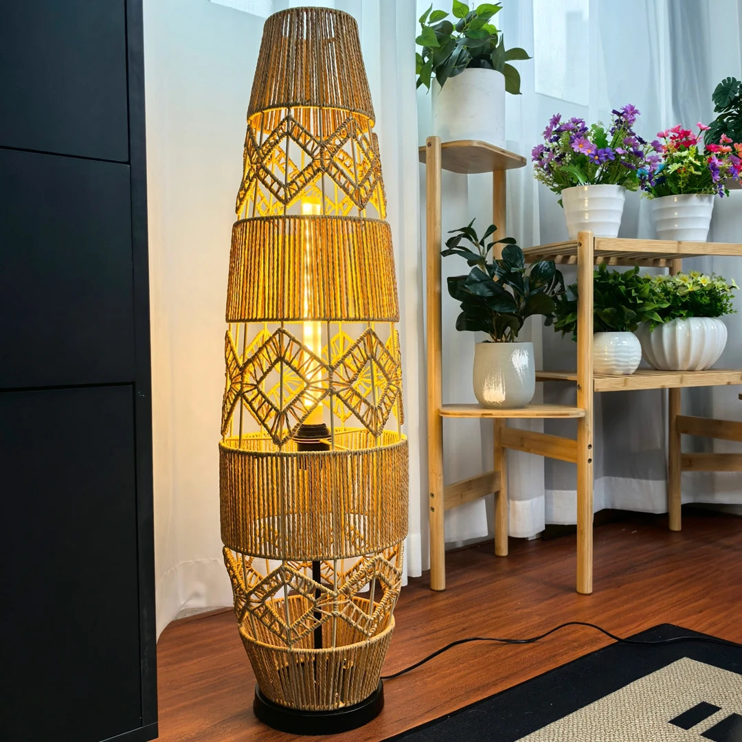 Vrygle Boho Rattan Floor Lamp With LED Light Corner Reading Lamp Living Room