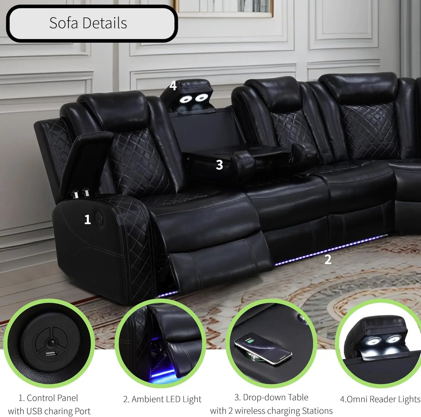 Power Recliner Sofa Sectional With LED Light And Air Leather