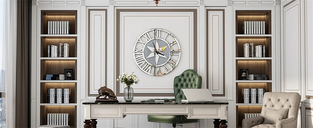 Large Mirrored Round Wall Clock With Beveled Roman Numerals