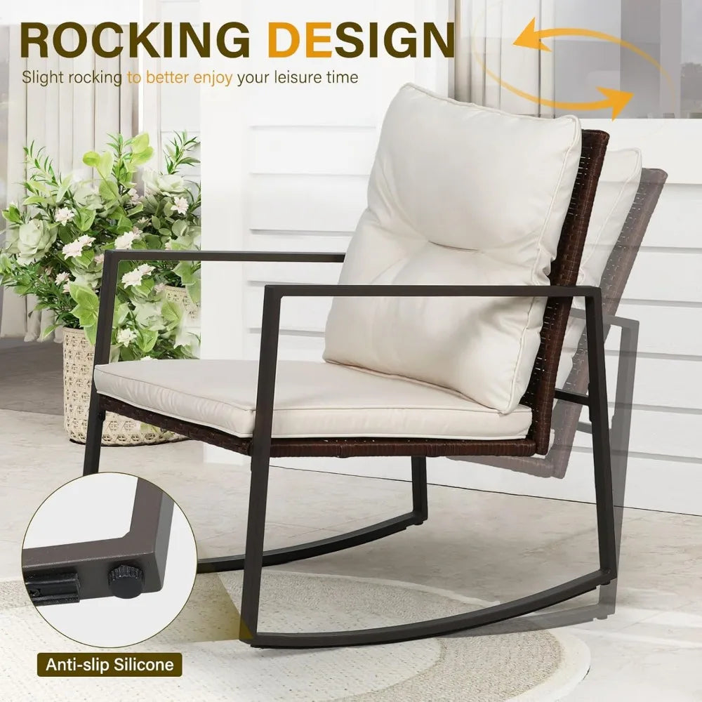3-Piece Patio Bistro Set With Glass Coffee Table And Wicker Rocking Chairs