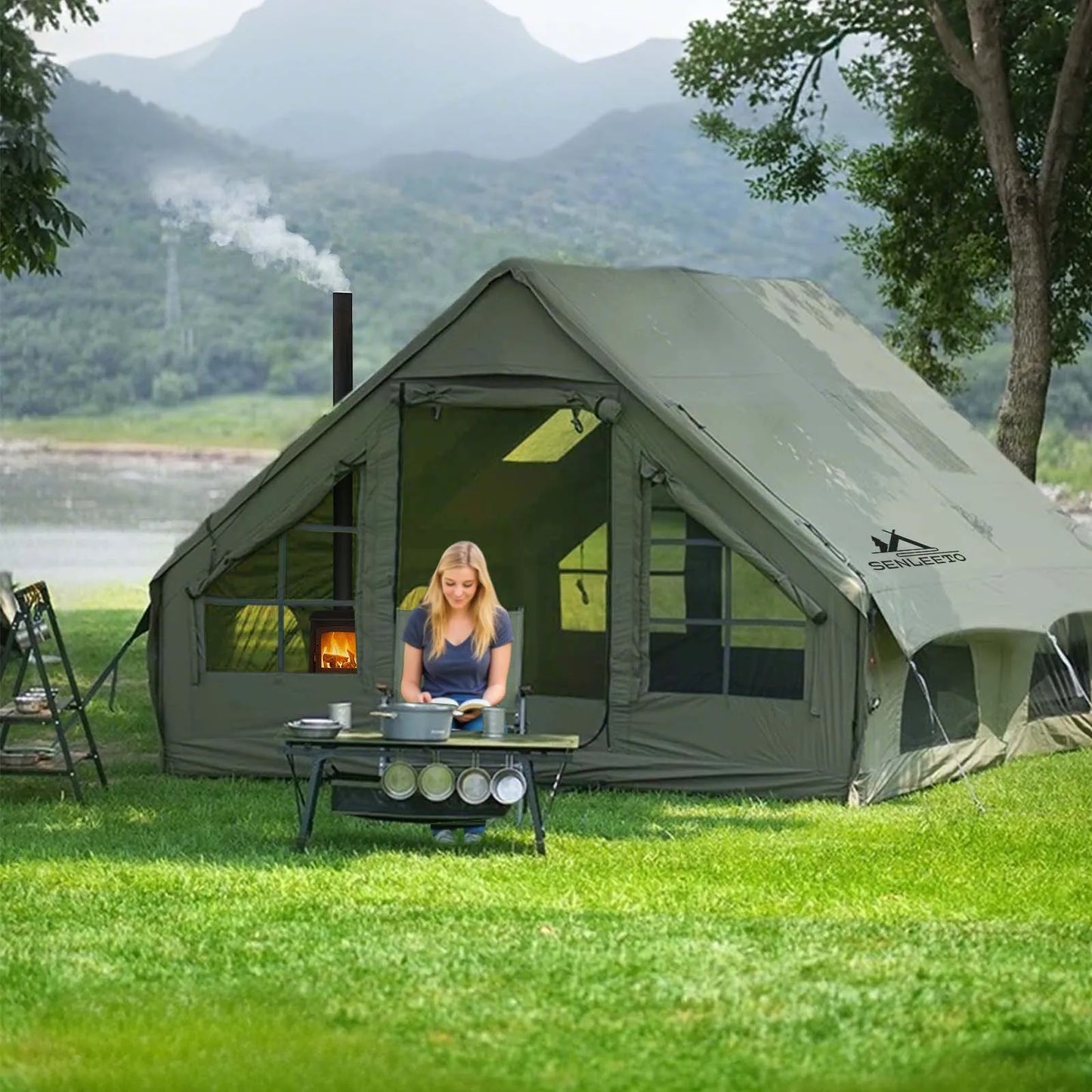 Inflatable Camping Tent With Chimney Opening Waterproof Oxford Fabric