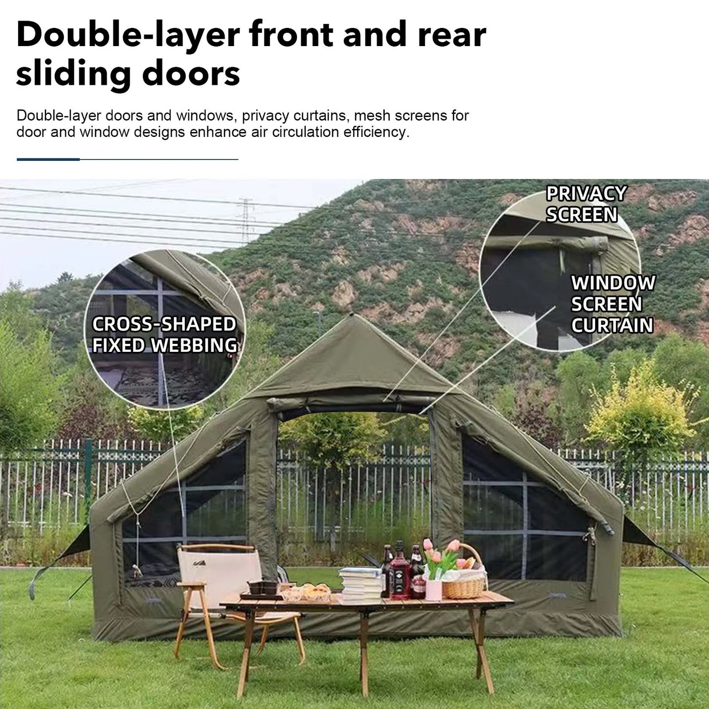 Inflatable Camping Tent With Chimney Opening Waterproof Oxford Fabric