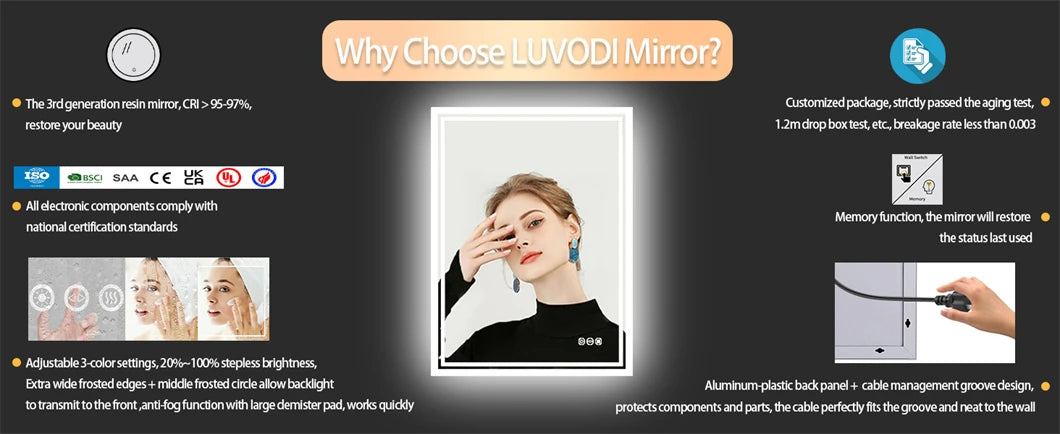 BORWART LED Wall Mounted Bathroom Mirror Backlit Fogless Demist Dimmable IP65