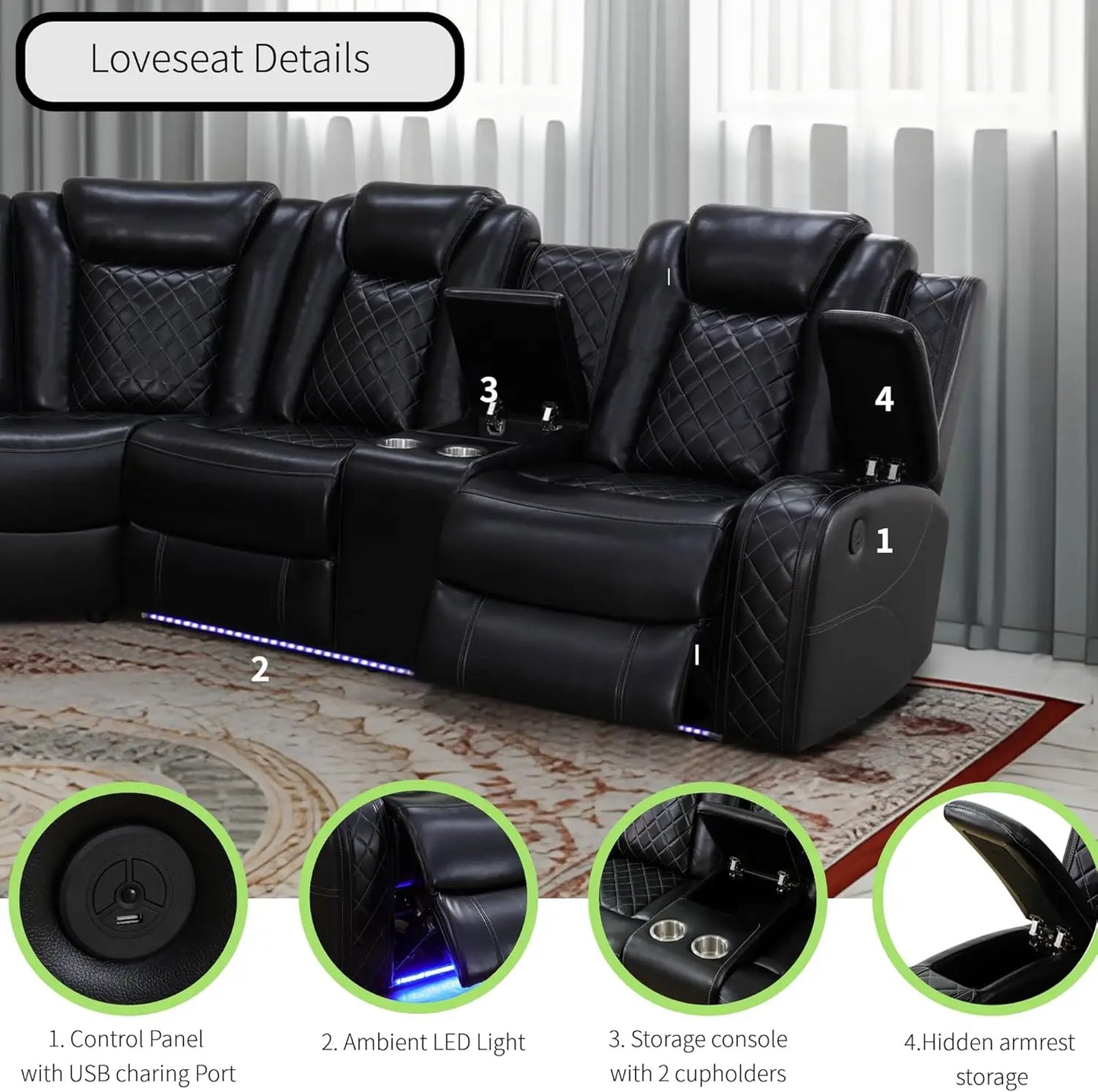 Power Recliner Sofa Sectional With LED Light And Air Leather