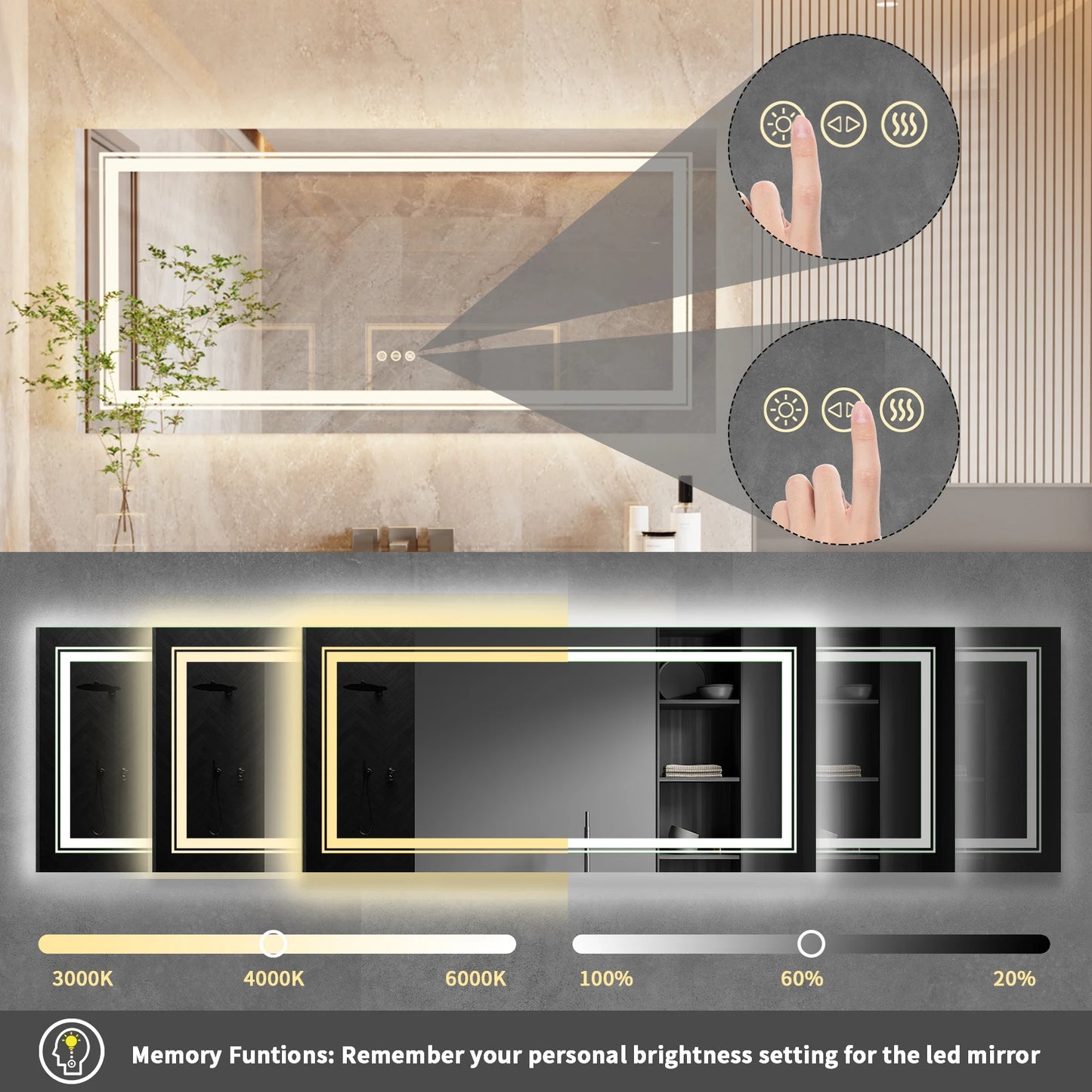 Wisfor LED Bathroom Mirror Front and Backlit Antifog Shatterproof Memory
