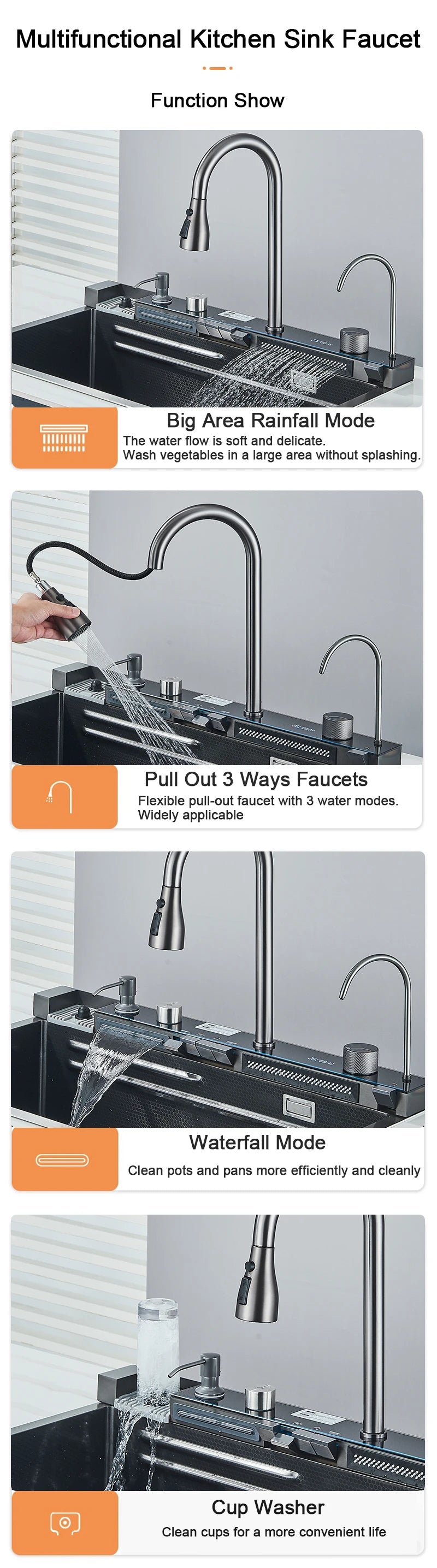 Rozin 304 Stainless Steel Kitchen Sink With Digital Waterfall Faucet