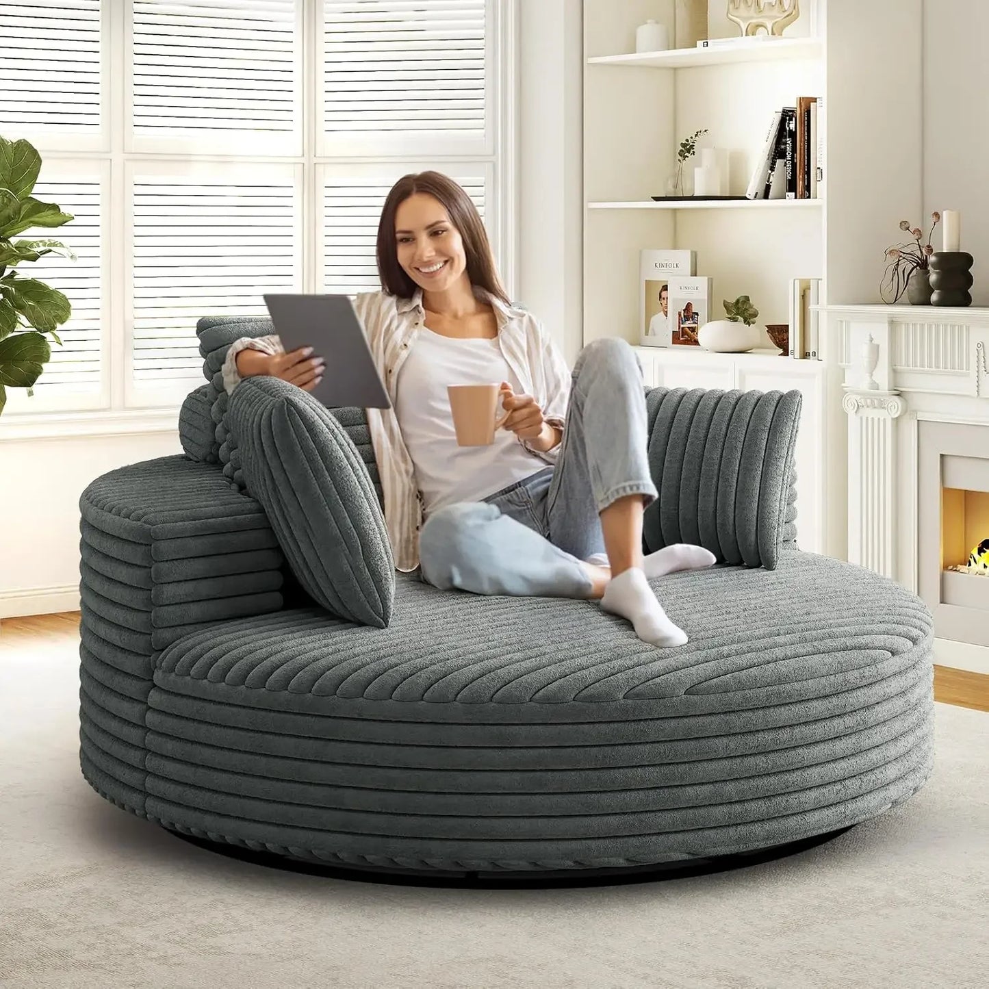 DAFIFY Round Swivel Barrel Chair Corduroy Upholstered Lounger