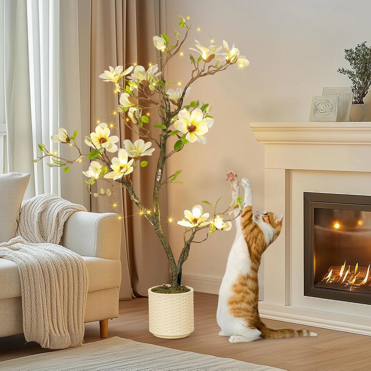Artificial Magnolia Plant With LED Lights For Outdoor Patio Decor