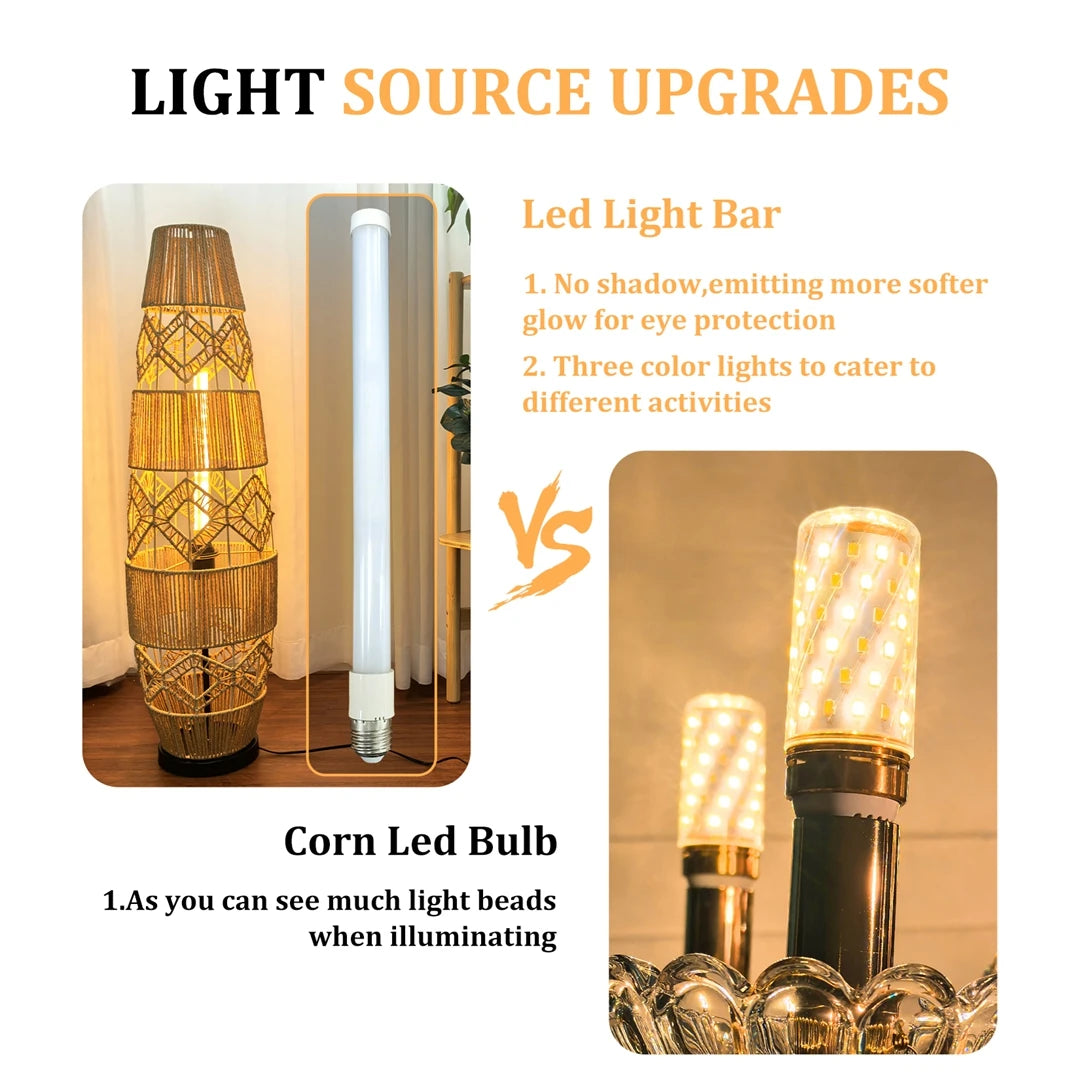 Vrygle Boho Rattan Floor Lamp With LED Light Corner Reading Lamp Living Room