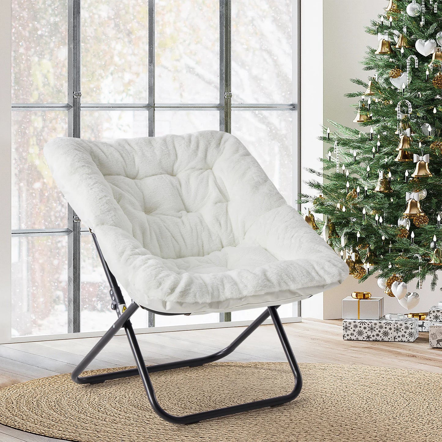 JHK Cozy Faux Fur Saucer Chair Metal Frame Folding Lounge