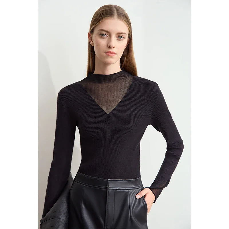 AMIICN Minimalist Winter Turtleneck Sweater With Sheer Panels
