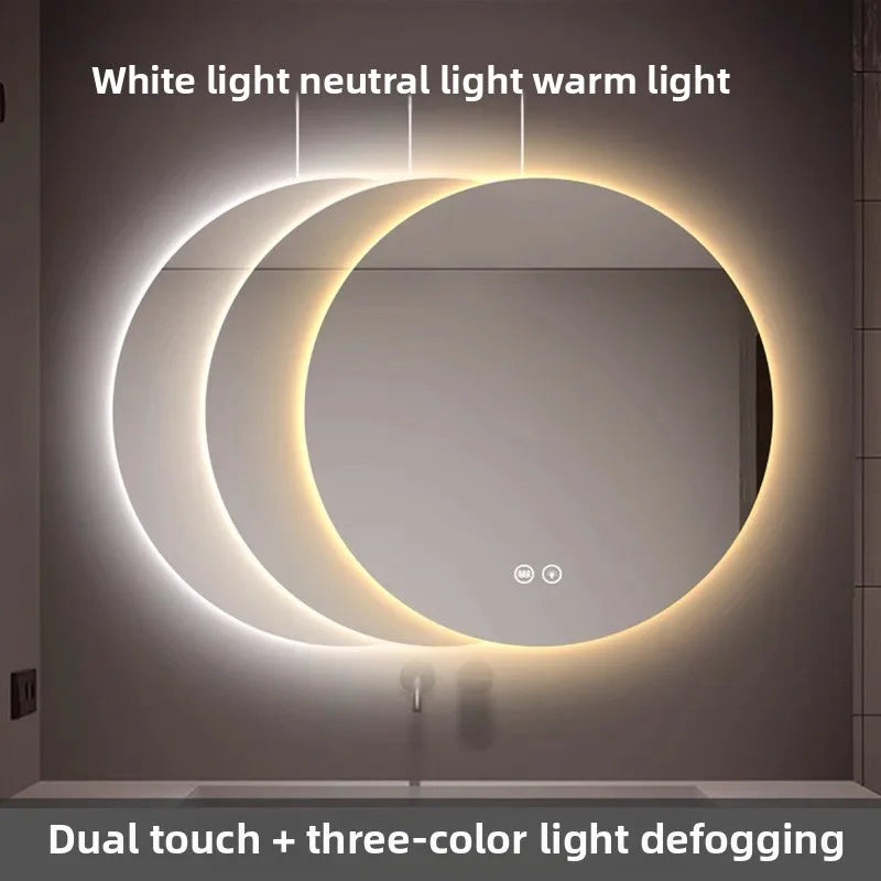 Round Wall-Mounted Smart Bathroom Mirror With LED Anti-Fog Touch Screen