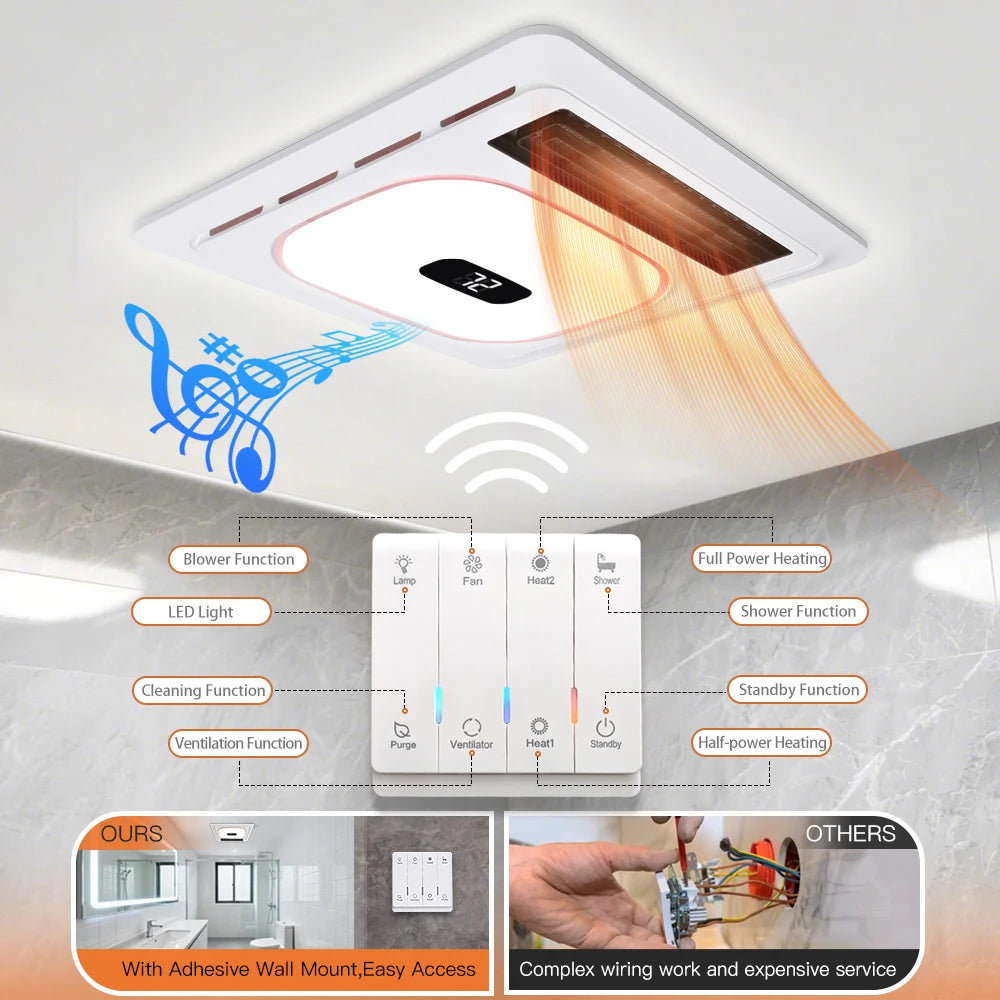 4-In-1 Bathroom Exhaust Fan With Bluetooth Speaker 1800W Heater
