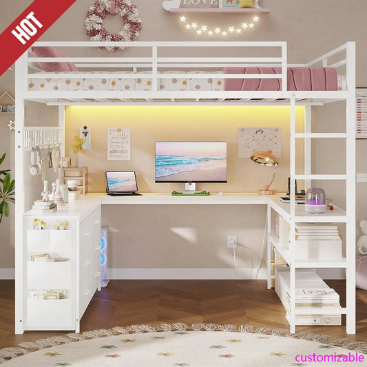 XMSJ Loft Bed With U Shaped Desk And Storage Shelves