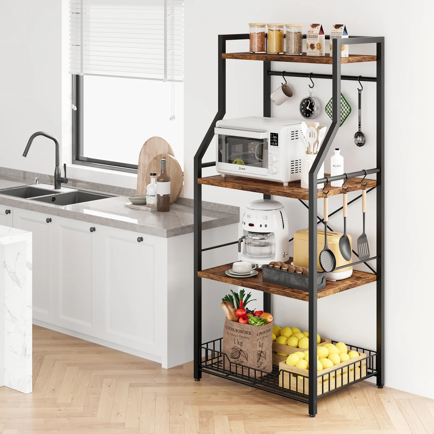 TWISTER.CK 4 Tier Kitchen Baker Rack With Wire Basket Hooks