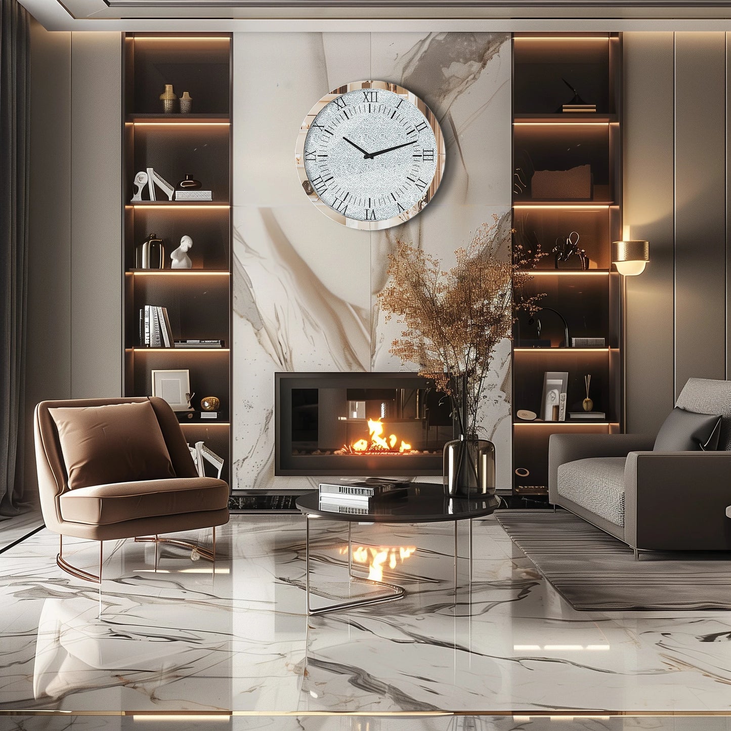 Crystal Crush Diamond Mirrored Round Wall Clock Beveled Glass Edging