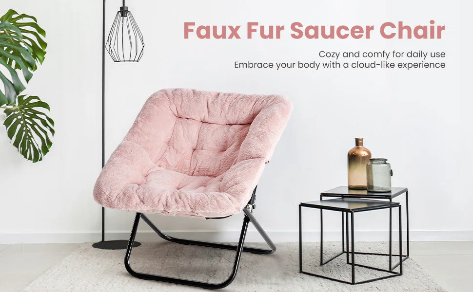 JHK Cozy Faux Fur Saucer Chair Metal Frame Folding Lounge