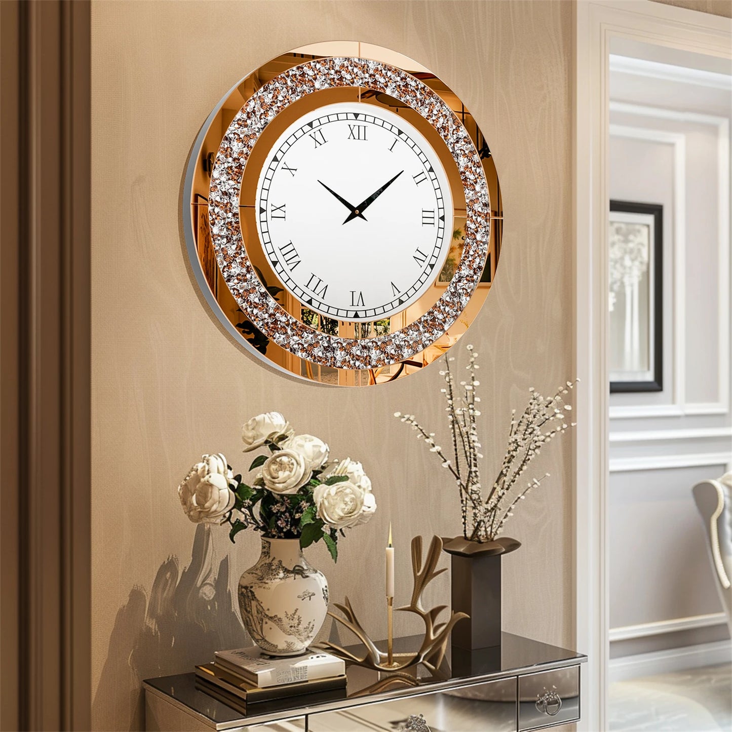 Glam Sparkle Round Mirrored Wall Clock for Home Decor