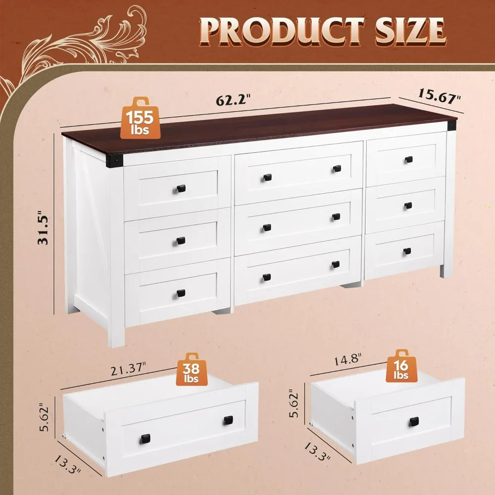 Farmhouse Nine Drawer Wood Dresser For Bedroom Storage