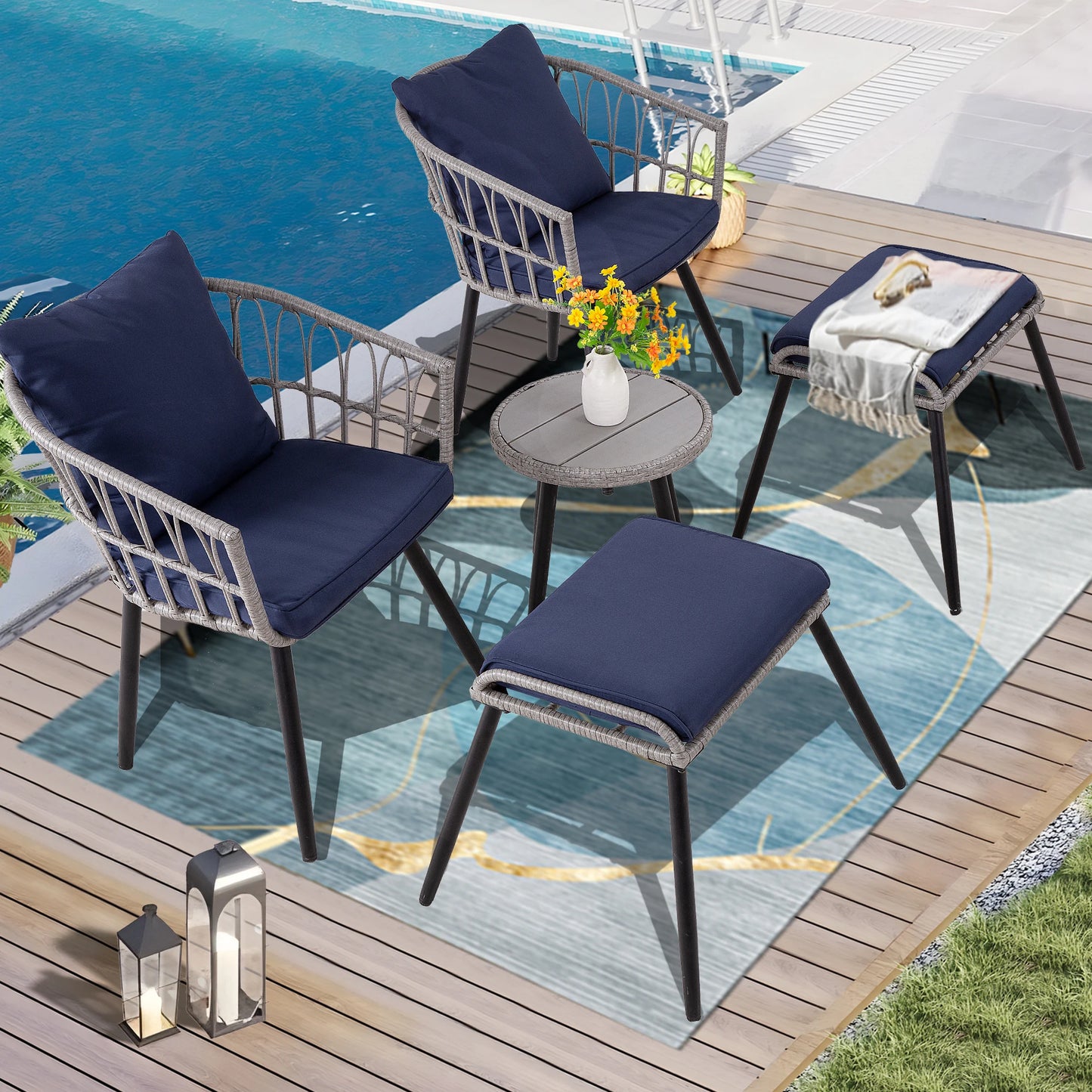 SEOGWISAM 5 Piece Patio Bistro Set All-Weather Wicker Rattan Ottoman