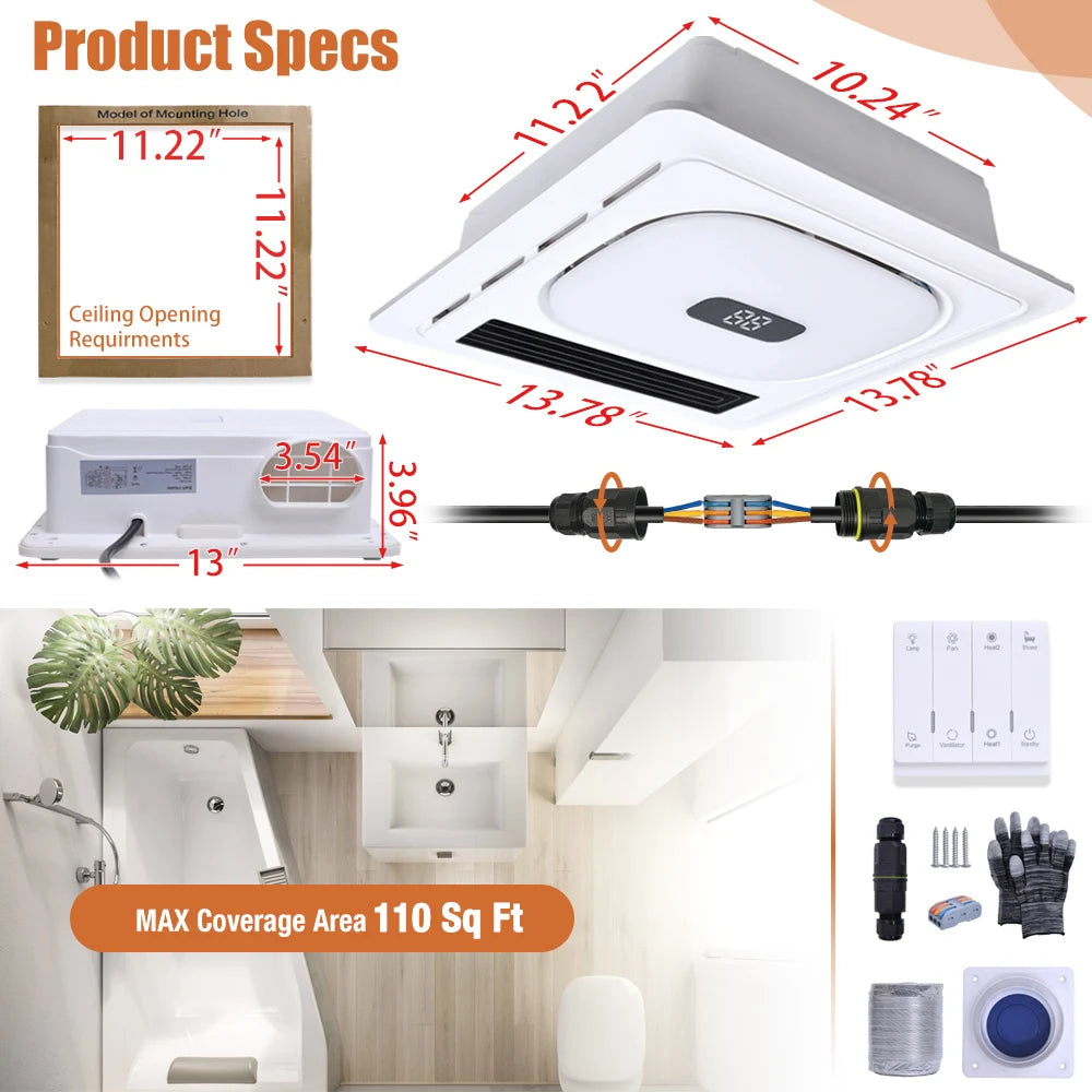 4-In-1 Bathroom Exhaust Fan With Bluetooth Speaker 1800W Heater