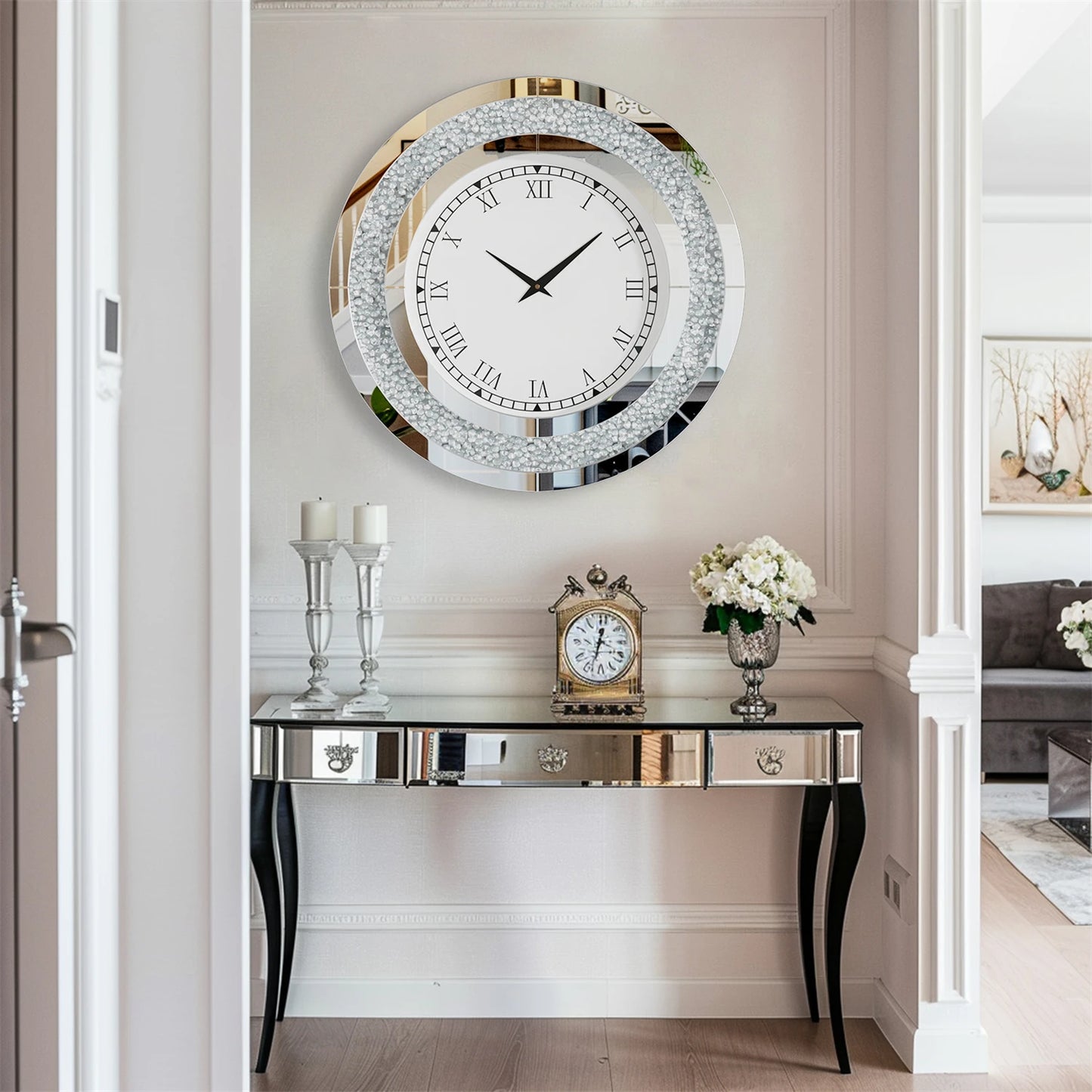 Glam Sparkle Round Mirrored Wall Clock for Home Decor