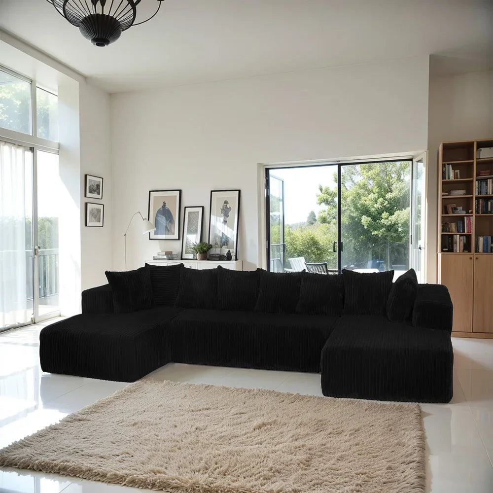 U Shaped Sectional Sofa With Corduroy Fabric Customizable Living Room