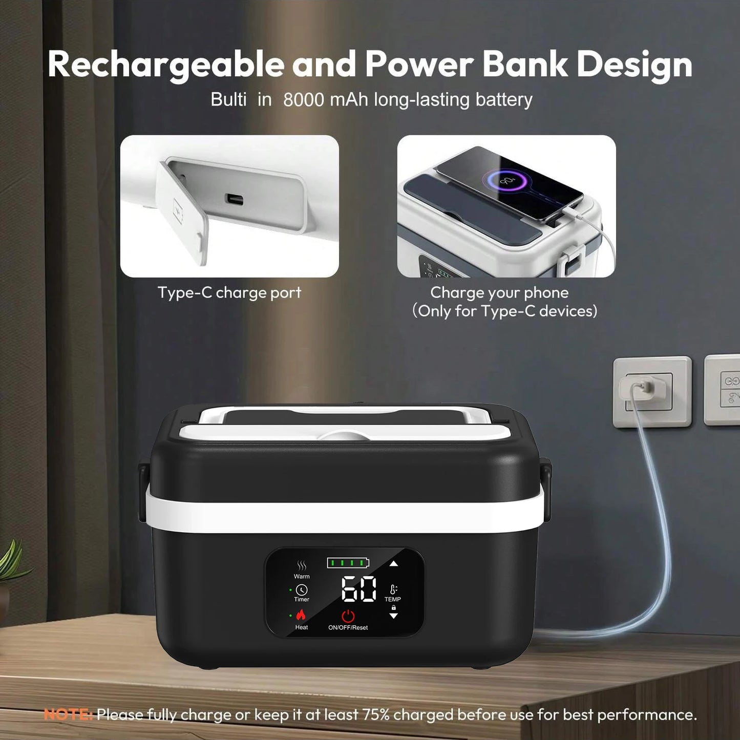 Wireless Electric Insulated Lunch Box With 8000mAh Battery 60W Heating