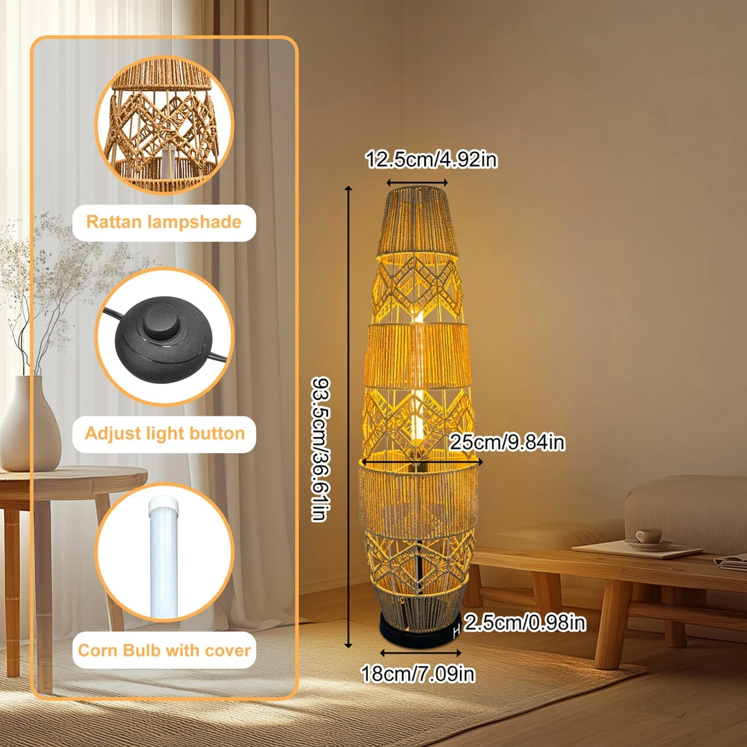 Vrygle Boho Rattan Floor Lamp With LED Light Corner Reading Lamp Living Room
