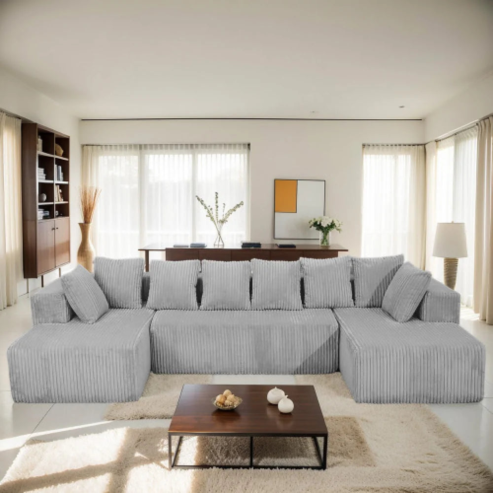 U Shaped Sectional Sofa With Corduroy Fabric Customizable Living Room