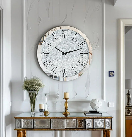 Crystal Crush Diamond Mirrored Round Wall Clock Beveled Glass Edging