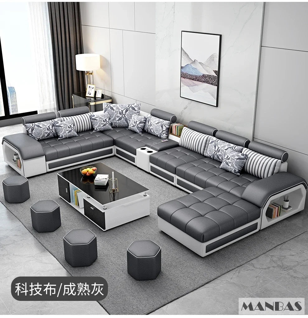 Linlamlim U Shaped Fabric Sofa Set With Usb And Stools