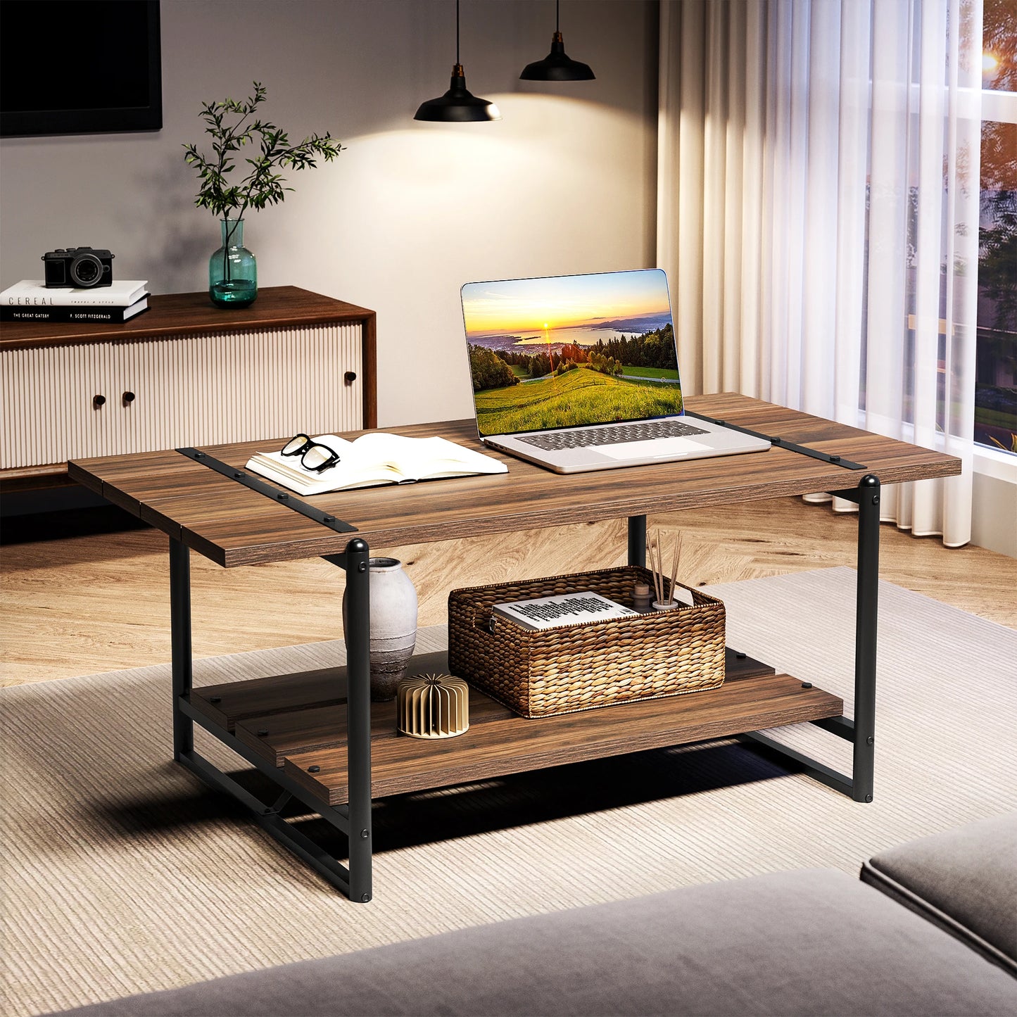 HobbyLane 2-Tier Wood Coffee Table With Rustic Storage