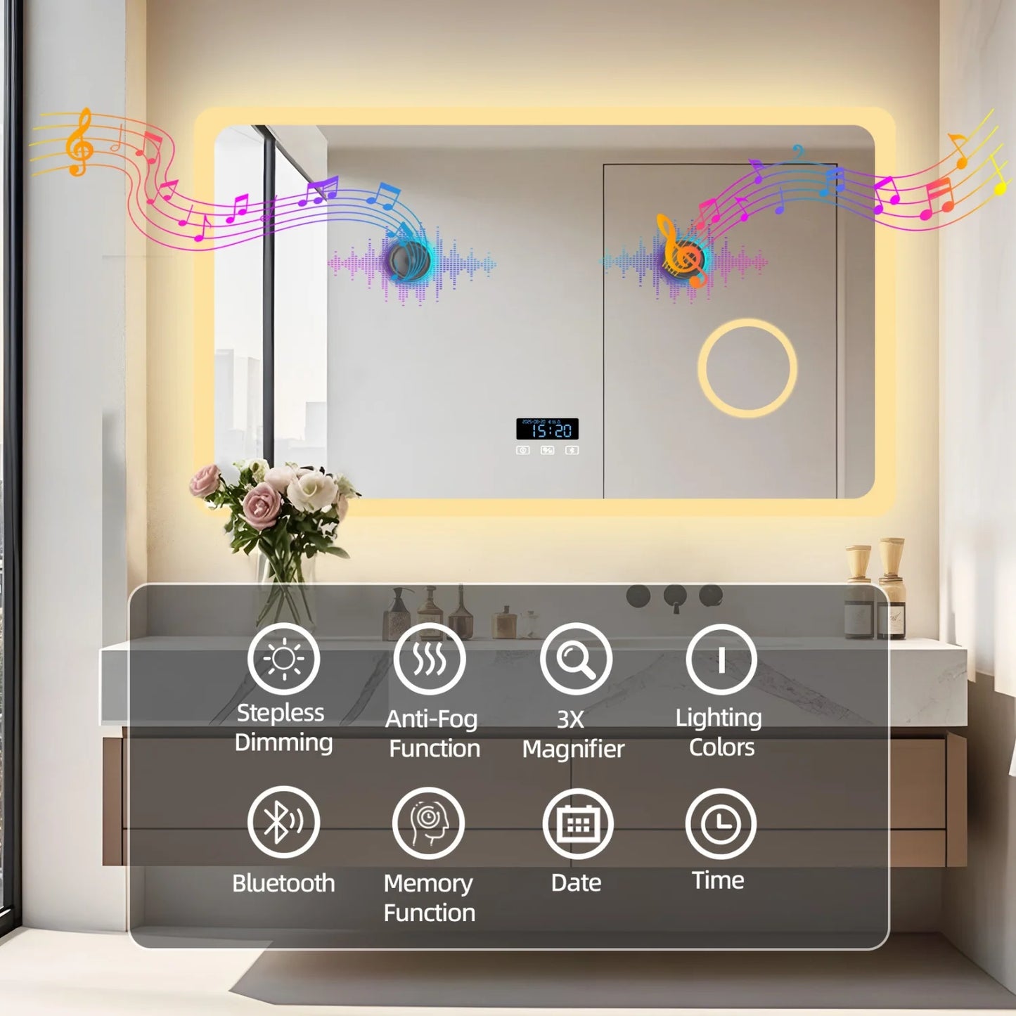 LED Bathroom Mirror With Bluetooth Dimmable Backlit Vanity 3X Magnifier