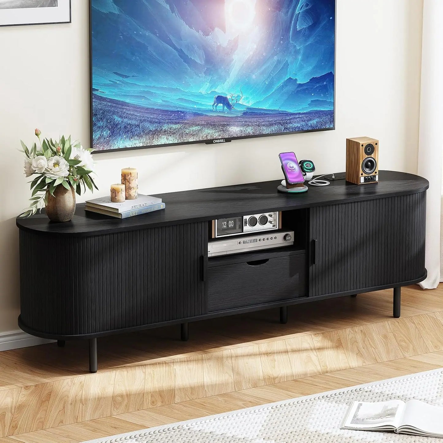 TV Stand With Power Outlet, Adjustable Shelves, Modern Entertainment Center