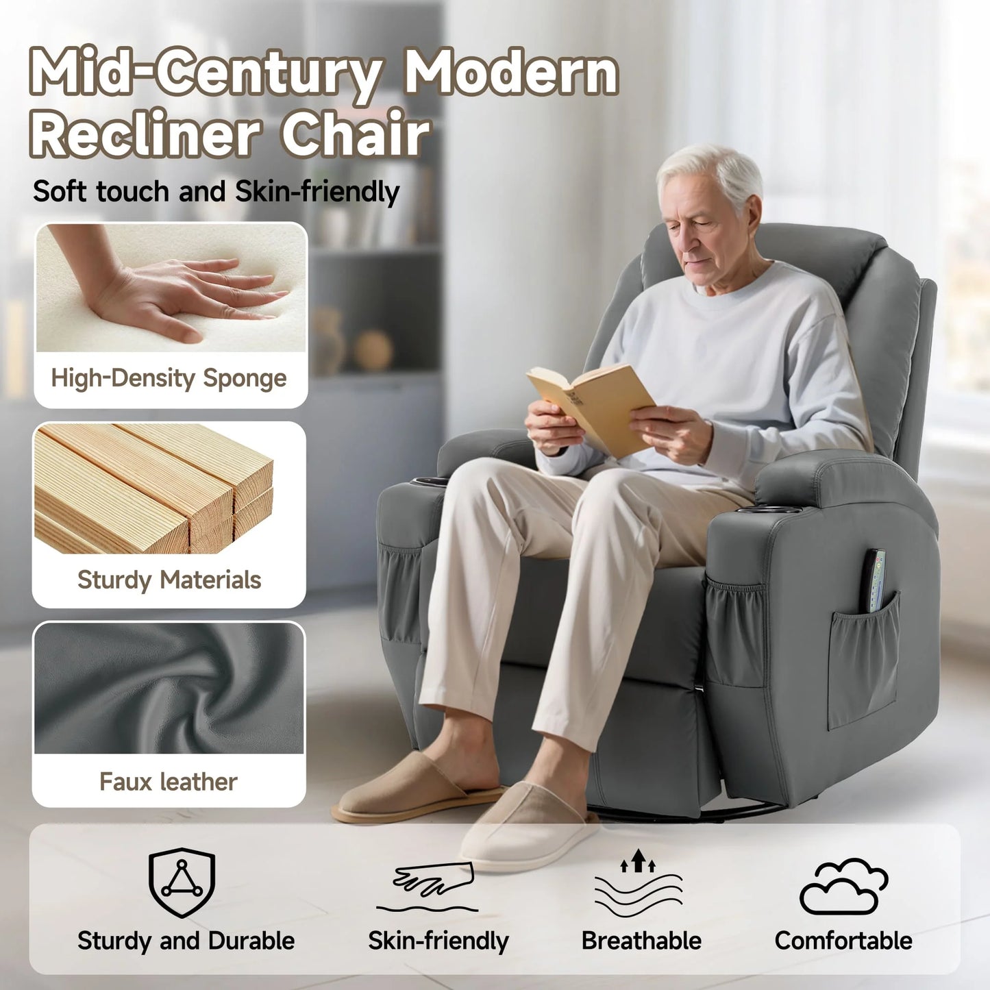 KORSER Recliner Chair With Massage And Heat 360 Swivel