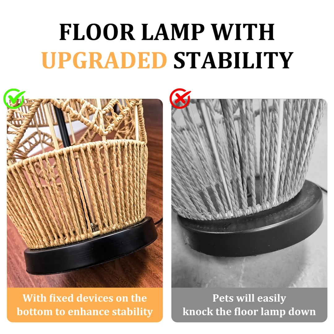 Vrygle Boho Rattan Floor Lamp With LED Light Corner Reading Lamp Living Room