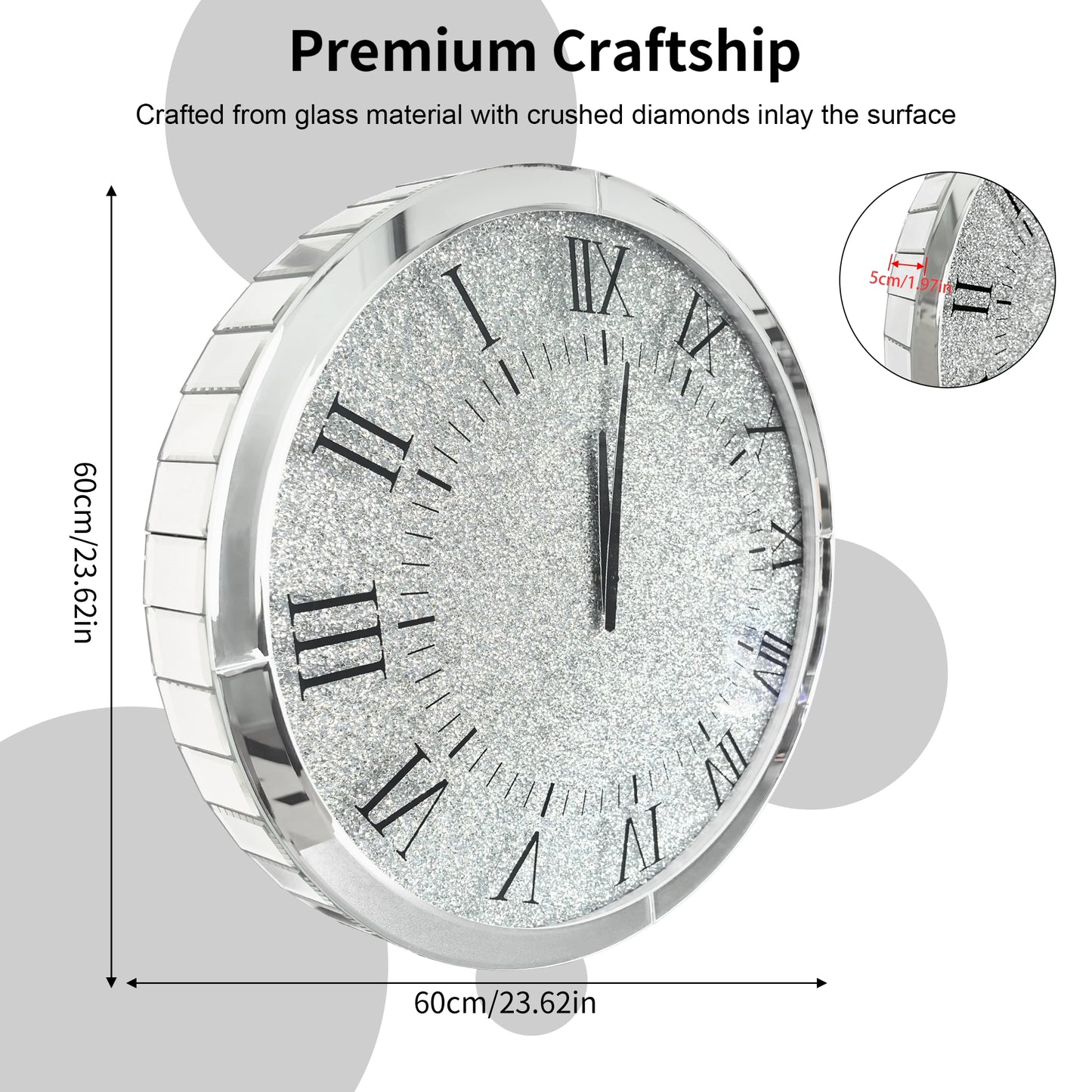 Crystal Crush Diamond Mirrored Round Wall Clock Beveled Glass Edging