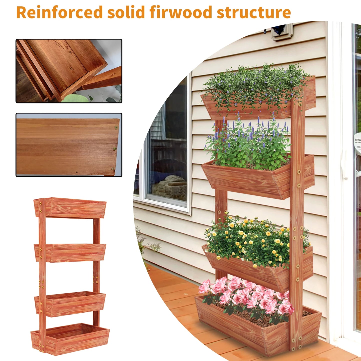 Wooden 4-Tier Raised Garden Bed With Vertical Planter Rack