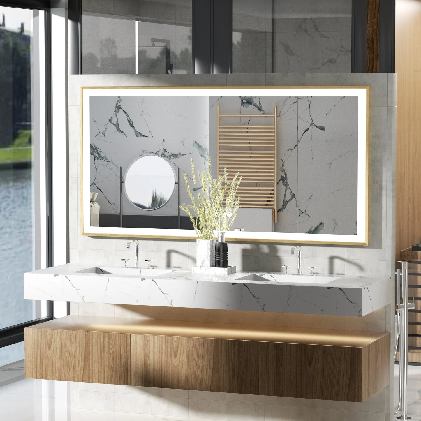 LED Bathroom Vanity Mirror With Aluminum Frame Front Lighted Modern