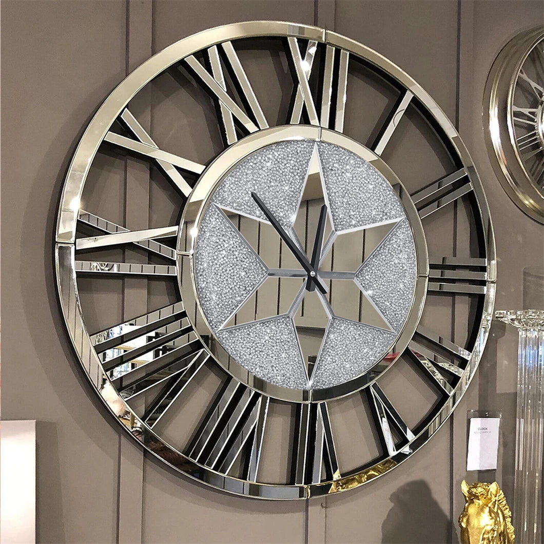 Large Mirrored Round Wall Clock With Beveled Roman Numerals