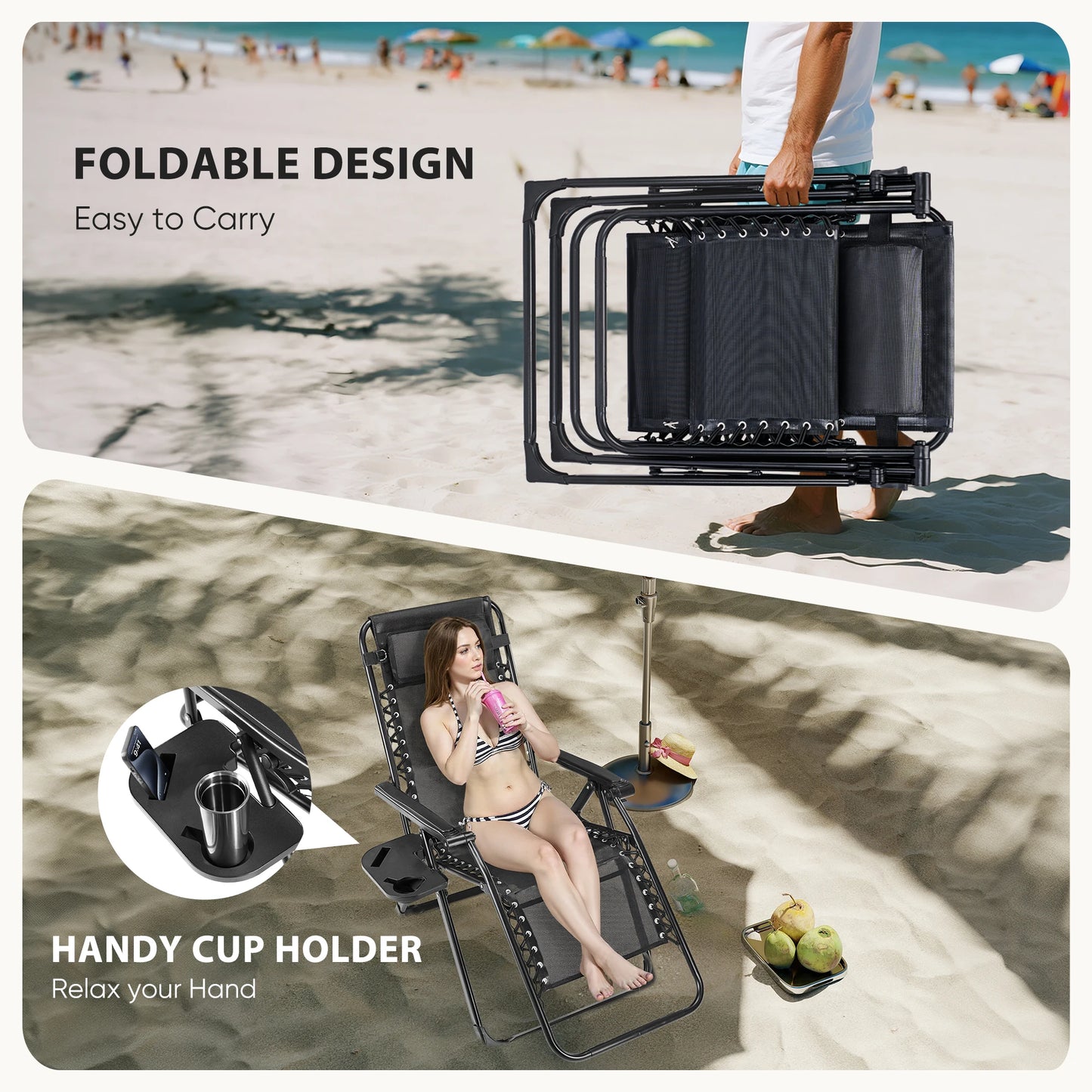 JHK Zero Gravity Recliner Folding Camping Lounge Chair Cup Holder