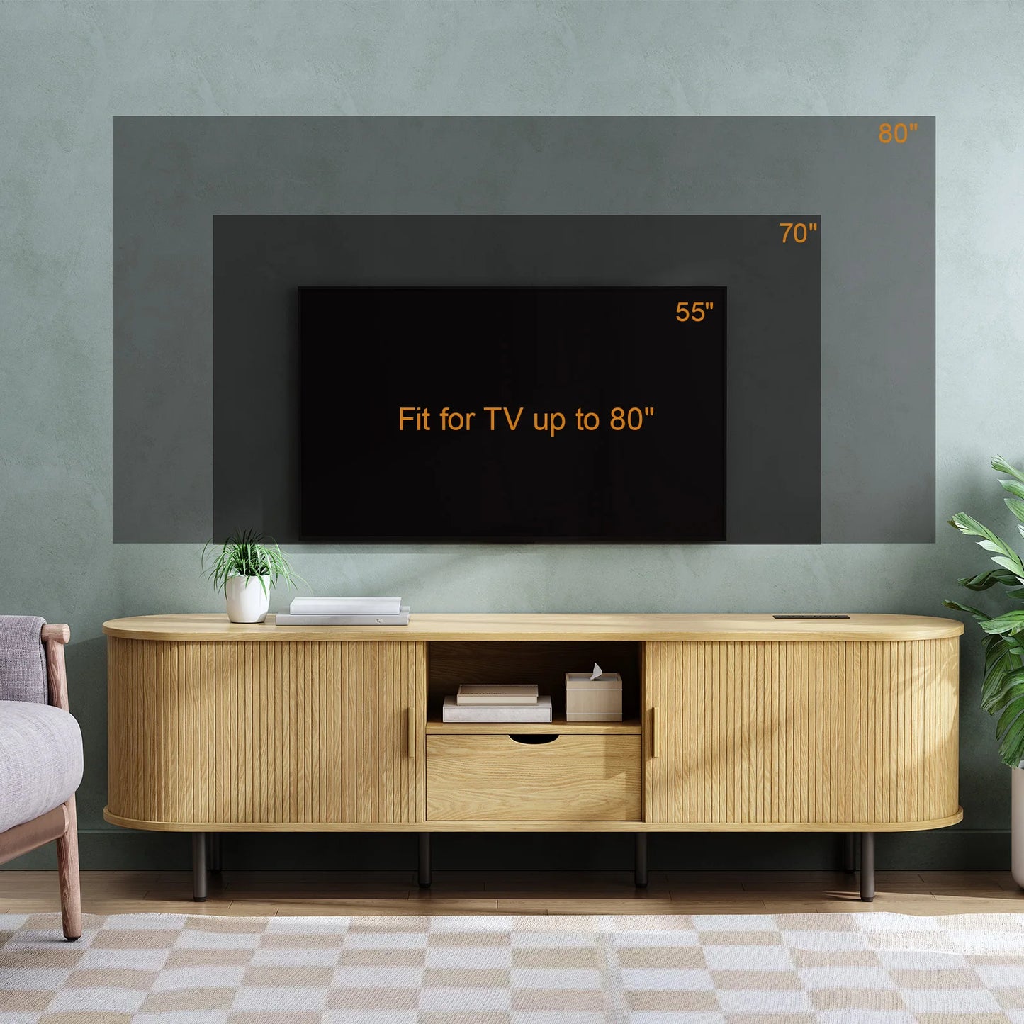 TV Stand With Power Outlet, Adjustable Shelves, Modern Entertainment Center