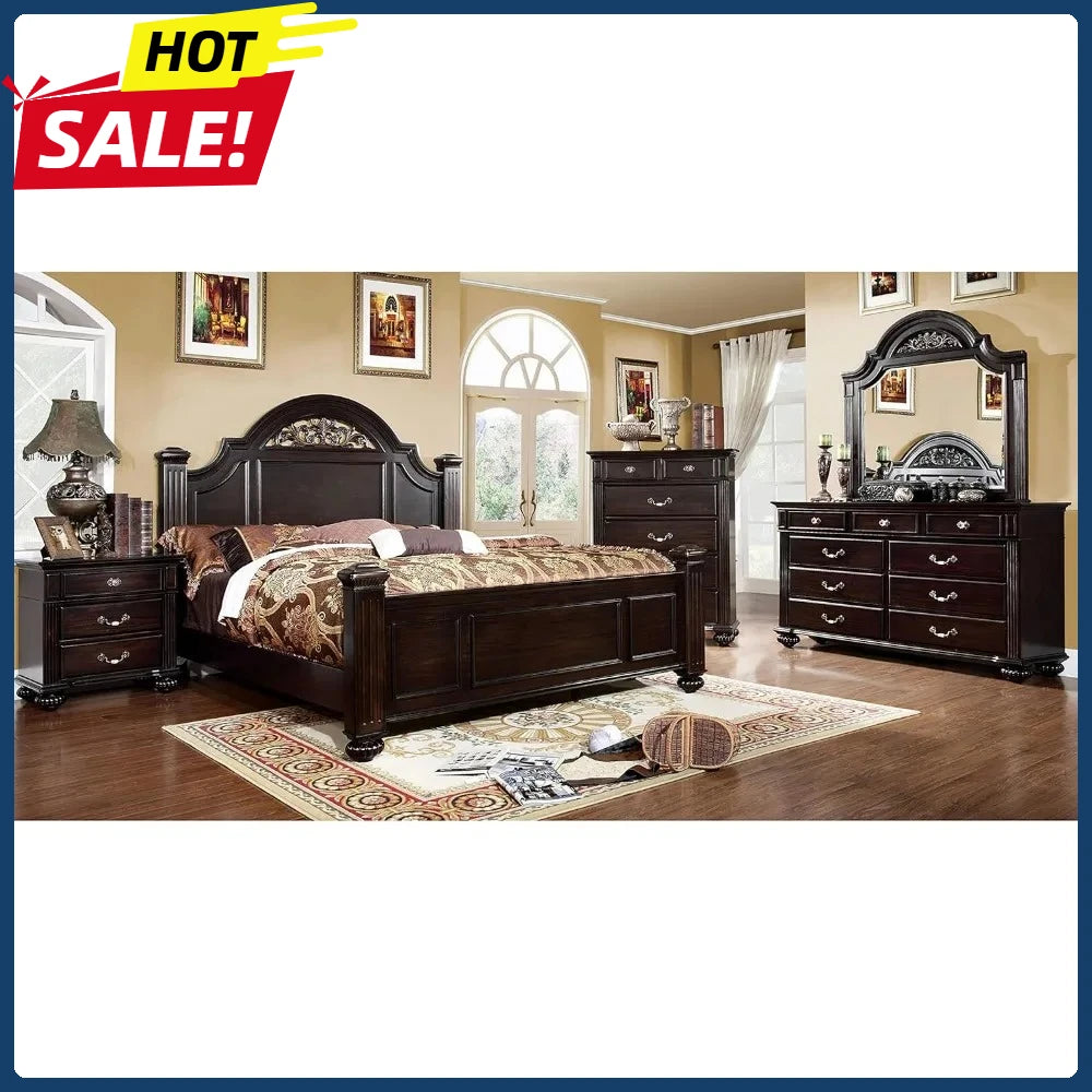 Hot sales24/7 Shop at Home Syracuse 6-Piece Traditional Solid Wood Bedroom Set with Chest, Mirrored-Dresser and 2 Nightstands, B