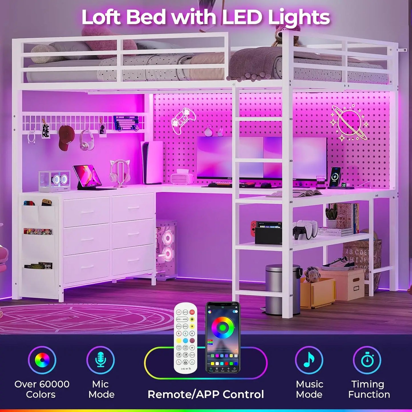 XMSJ Loft Bed With U Shaped Desk And Storage Shelves